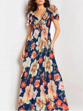 Floral V -Neck Short Sleeved Summer Dress